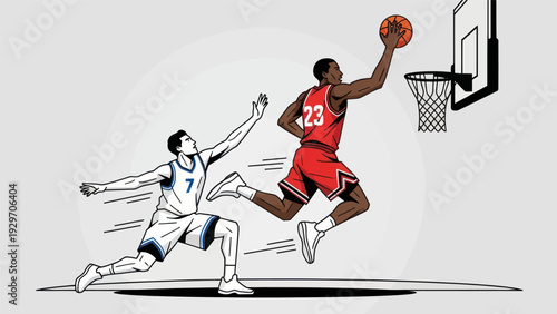 Basketball players in action dunking and defending vector illustration
