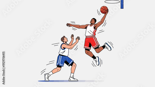 Basketball players in action dunking and defending vector illustration
