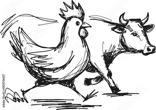 farm animals black and white sketch chicken and cow drawing, rural livestock illustration