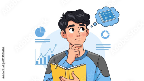 Young man contemplating with diagrams symbolizing planning and ideas