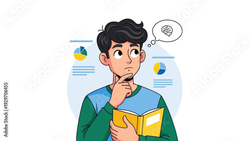 Young man contemplating with charts and brain idea concept illustration