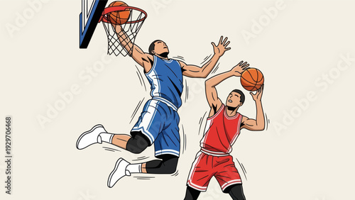 Basketball players in action dunking and defending vector illustration