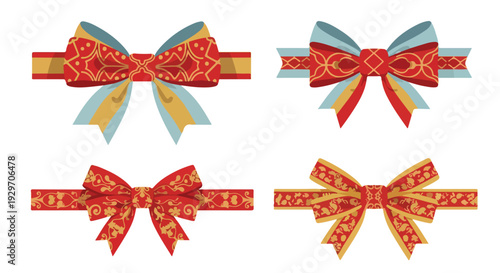 Four colorful ribbons with decorative bows arranged in two rows on a plain white background with a flat lay composition.