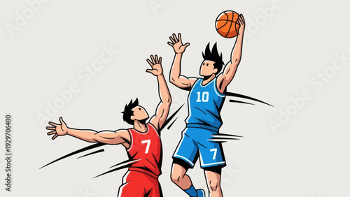 Basketball players in action dunking and defending vector illustration