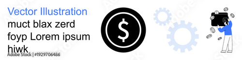 Financial management, business operations, economic concepts, wealth creation, investment opportunities, technological processes. Visuals include a dollar symbol, gears, and a figure with money