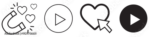 Play button icons with hearts and thumbs up