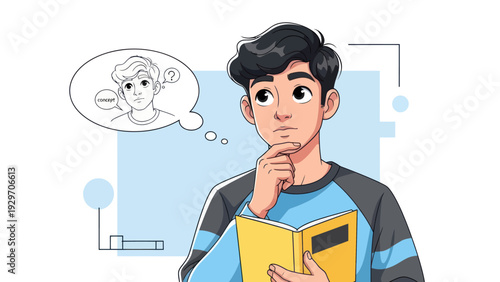 Young man contemplating with illustration of person and thought bubble
