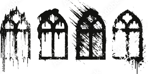 Gothic arched windows grunge silhouettes with dripping paint and rough texture set