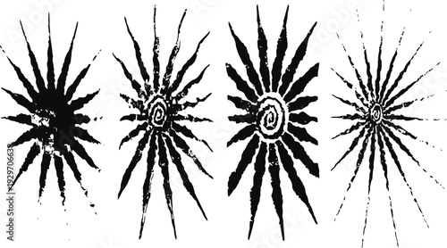 Four abstract sunburst designs with radiating spiked rays in black ink art