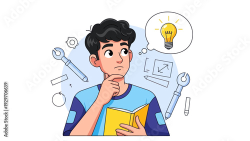 Young man contemplating with lightbulb idea and tools illustration