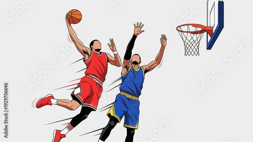 Basketball players in action dunking and defending vector illustration