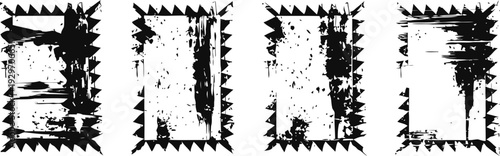 Abstract black ink brush stroke frames with rough grunge edges and textured distressed design