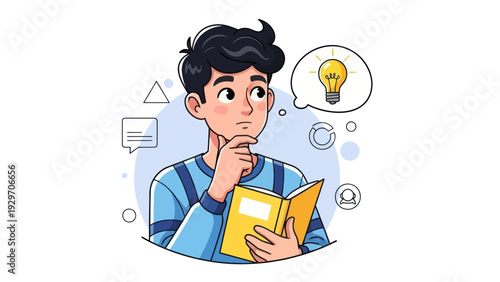 Young man contemplating with lightbulb symbol and book icon