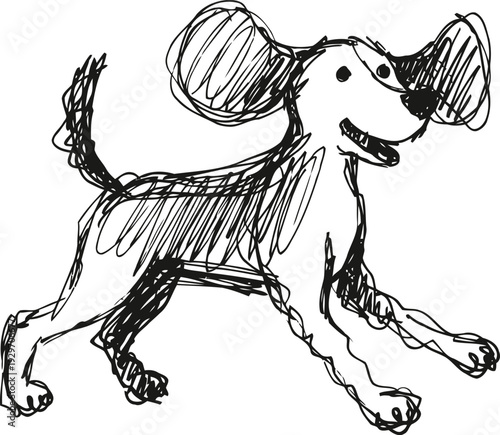 Cheerful playful dog sketch running fast with big ears and wagging tail