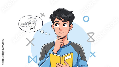 Young man contemplating with open book and thought bubble graphic