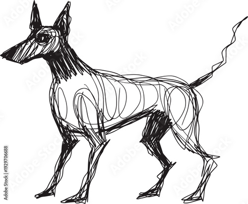 Abstract black brushstroke sketch of a doberman dog standing in profile, minimalist line art