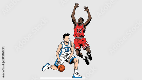 Basketball players in action dunking and dribbling against white background