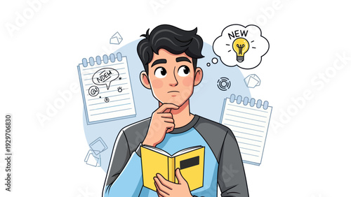 Young man contemplating with open book and thought bubble with a lightbulb