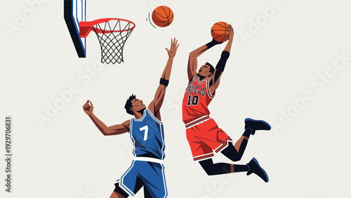 Basketball players in action dunking and reaching for the ball