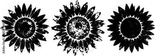 three black silhouette sunflower designs with detailed petals and center patterns, isolated on white background
