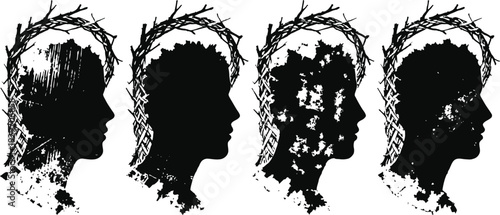 human head silhouettes with barbed wire representing psychological stress and mental health challenges