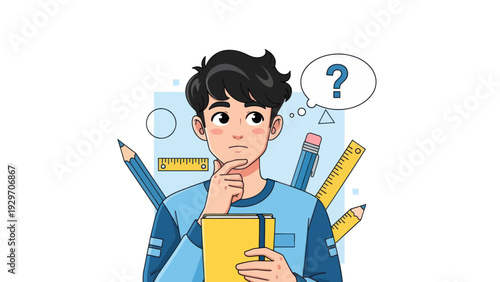 Young man contemplating with question mark above head illustration