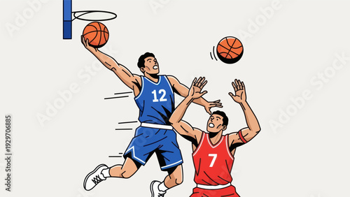 Basketball players in action dunking and rebounding in dynamic illustration