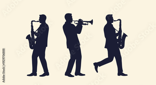 Silhouette illustration of three musicians playing saxophone, trumpet, and saxophone in profile against a pale yellow background.