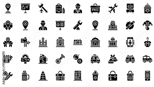 Collection of Business and Travel Icons: Buildings, Tools, Transport, and People