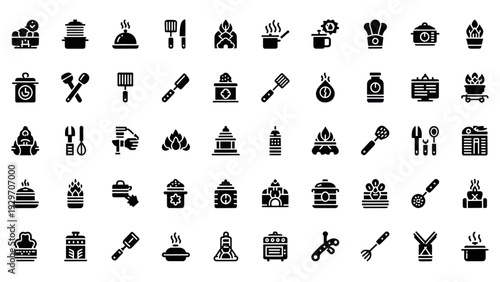 Collection of Cooking Icons: Kitchen Utensils, Food, and Restaurant Symbols