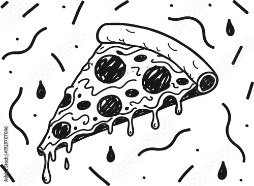 Melting pepperoni pizza slice illustration dripping cheese and sauce with dynamic doodle lines