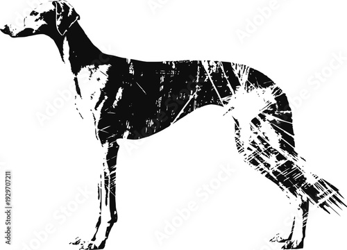 Silhouette of a standing dog with textured scratch marks on white background