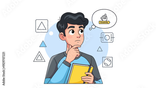 Young man contemplating with thought bubble and concept of education