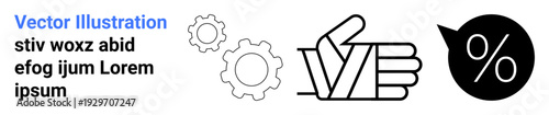 Productivity, performance, efficiency, business growth, teamwork, optimization. A thumbs-up gesture, gear mechanism and percentage icon. Productivity and performance visually