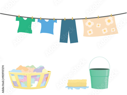 Laundry Day Illustration with Clothesline, Basket, and Bucket
