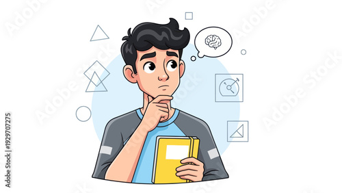 Young man contemplating with thought bubble and notebook illustration