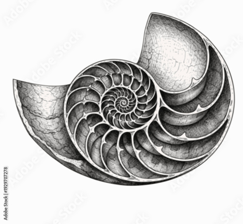 Nautilus Shell Cross Section Vintage Engraved Scientific Cutaway Illustration Isolated on White