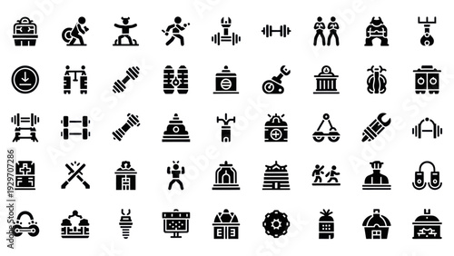 Collection of Fitness and Gym Icons: Dumbbells, Barbells, Weightlifters, Exercise Equipment