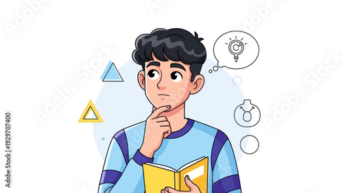 Young man contemplating with thought bubble book and geometric shapes