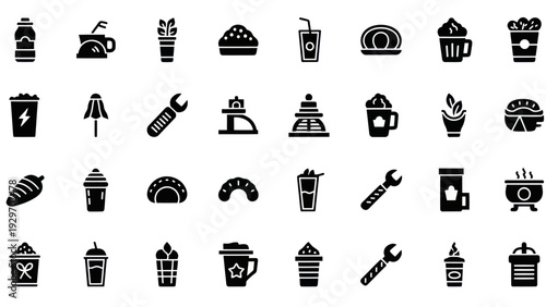 Collection of Food, Drink, and Tool Icons: Vector Graphics Set
