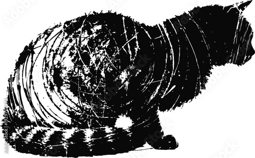 Silhouette of a sitting cat with tail wrapped, side profile against white background