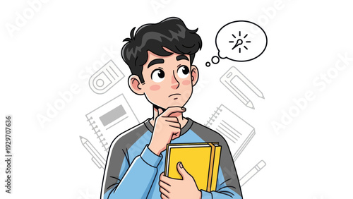 Young man contemplating with thought bubble holding books surrounded by stationery