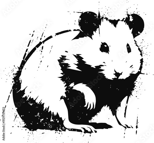 Black and white hamster illustration with ink splatter effect, small rodent animal drawing