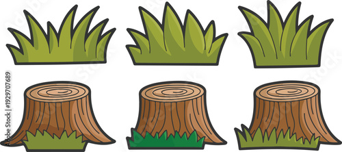 Cartoon Tree Stumps and Grass Tufts Collection Vector Illustration Set Featuring Forest Nature Elements for Game Design, Kids’ Projects, and Outdoor Scenes