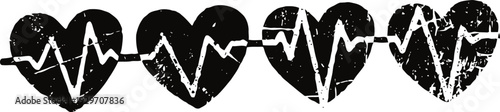 Four black hearts with white irregular heartbeat lines in grunge style, symbolizing health and life rhythms