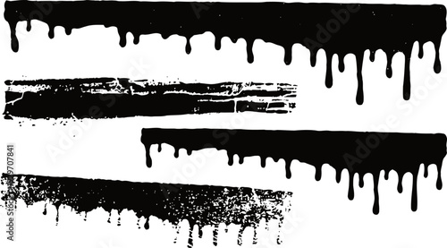 Black grunge paint drip and brush stroke textures with distressed and splattered effects