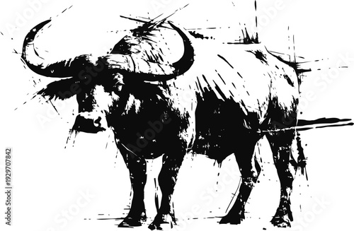 Water buffalo silhouette standing sideways with large curved horns on white background