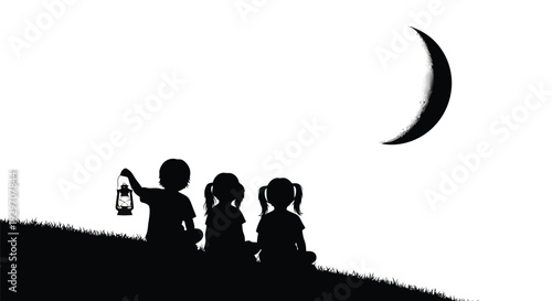 Three young children are depicted in silhouette, sitting thoughtfully on a grassy hill and gazing up at the elegant crescent moon, with one child holding a glowing lantern.