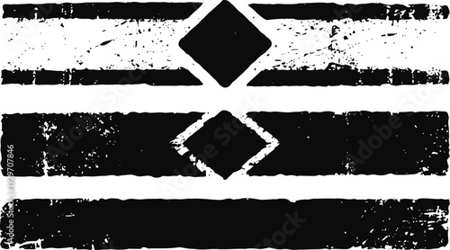 Grunge black stripes and diamond shapes abstract background with distressed texture and noise effect