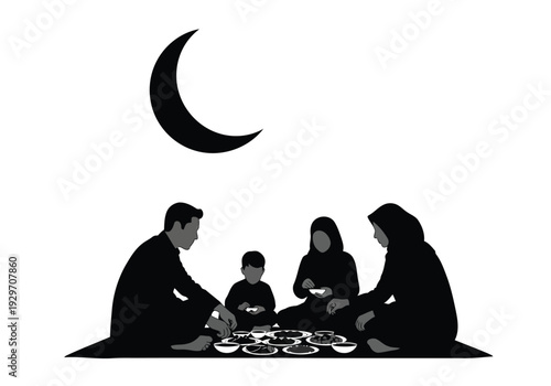 A silhouette of a Muslim family, including parents and two children, sitting together on a mat and sharing a meal under the gentle glow of a crescent moon.